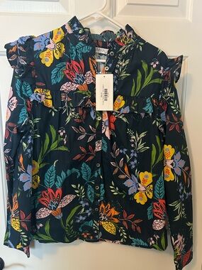 Cara Navy Floral Button-Front Ruffle Blouse